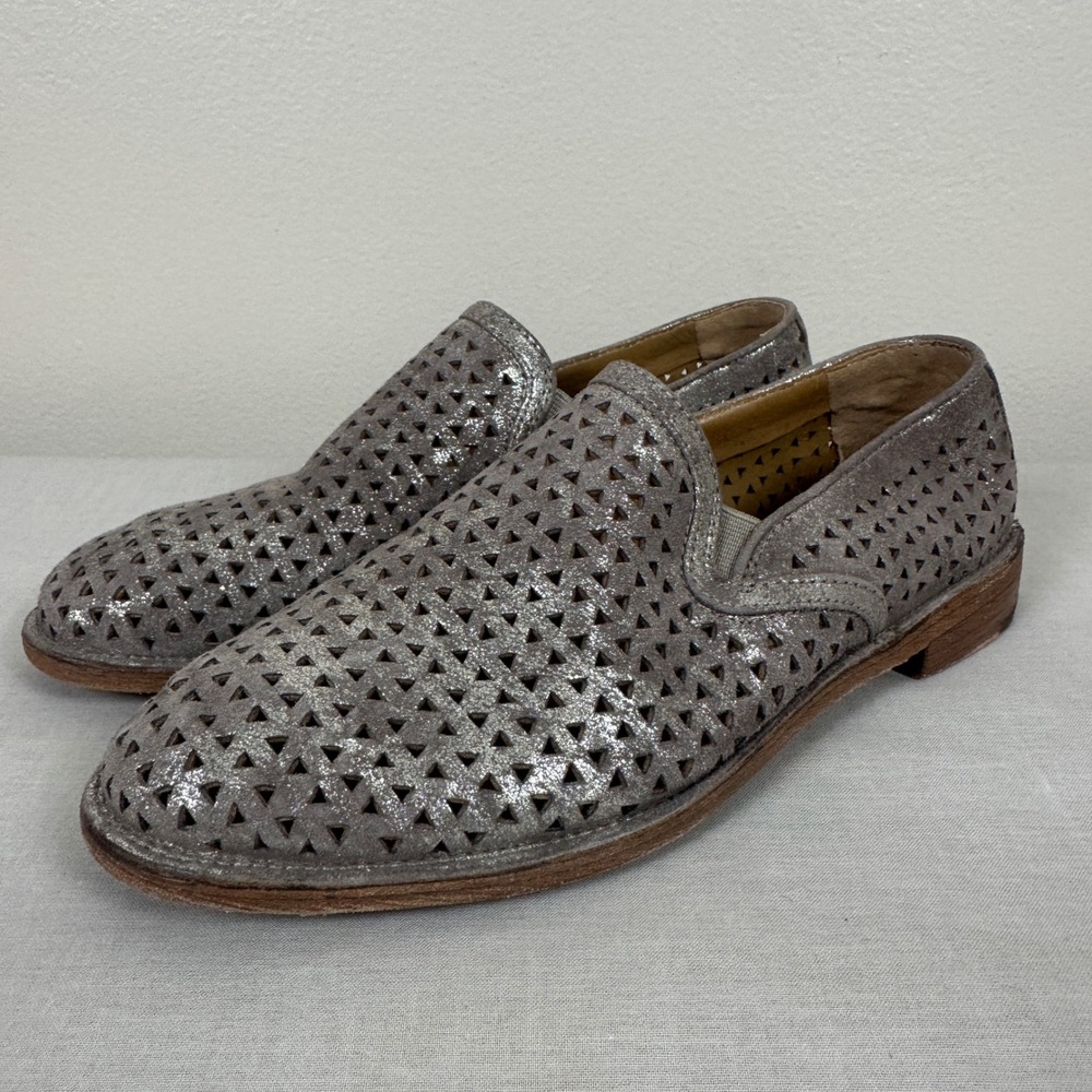 Trask Women's 6M Loafers Pewter Metallic Laser Cut Suede Slip On 36-0634